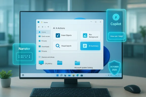 Futuristic Windows desktop with AI actions and holographic Copilot and Narrator overlays.