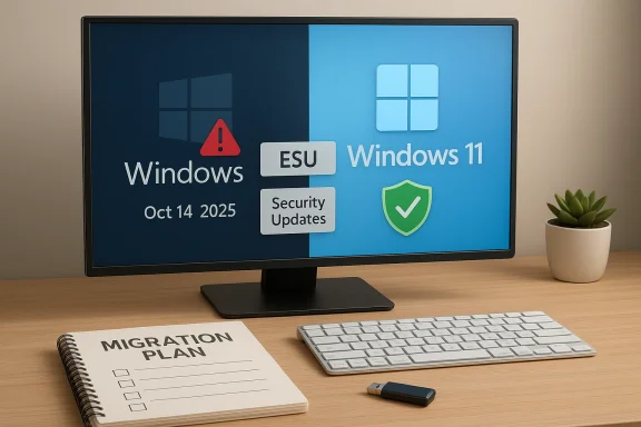 Monitor shows Windows 11 migration and security updates, with a Migration Plan notebook on the desk.