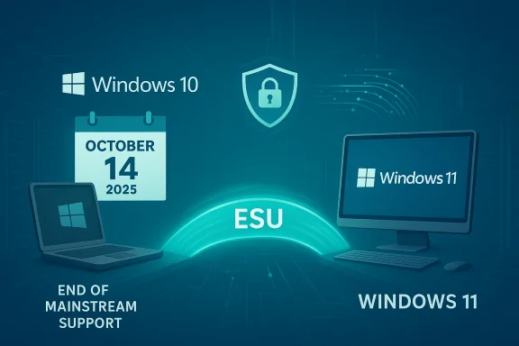 Windows 10–11 transition with ESU and end of mainstream support on October 14, 2025.