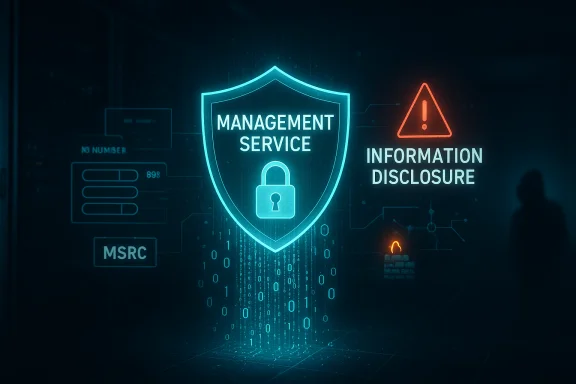 Glowing shield labeled 'Management Service' with a padlock, beside an 'Information Disclosure' warning.