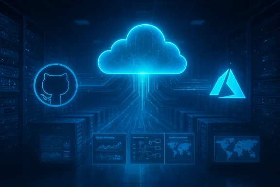 Neon blue cloud computing hub in a server room, flanked by GitHub and Azure logos with holographic dashboards.