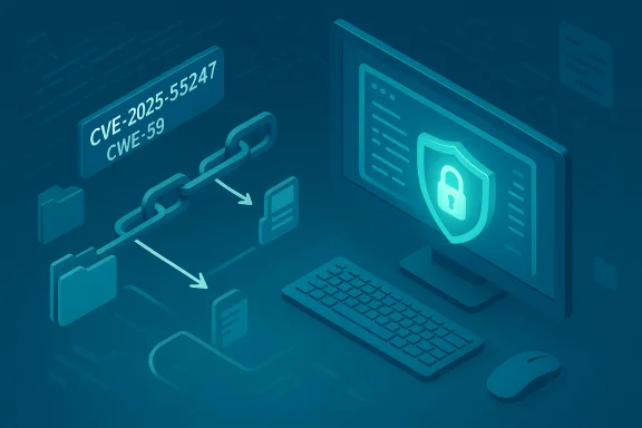 Cybersecurity illustration: a computer with a shield on screen, chained data links and a CVE-2025-55247 label.