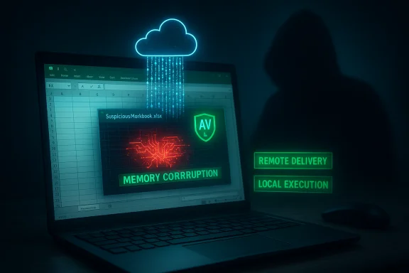 Hacker-themed laptop screen displays memory corruption malware with cloud icon and remote delivery.