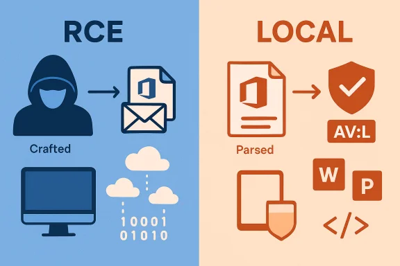 RCE (crafted) vs Local (parsed) exploits in software security.