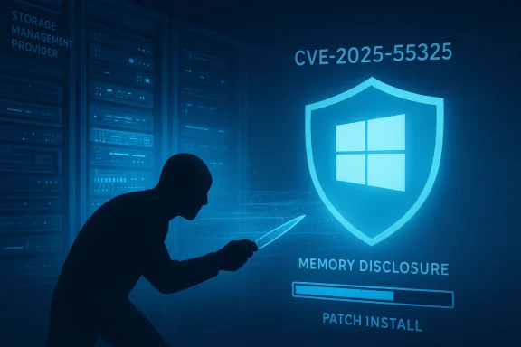 Hacker silhouette in a data center targets a Windows shield during CVE-2025-55325 patch install.