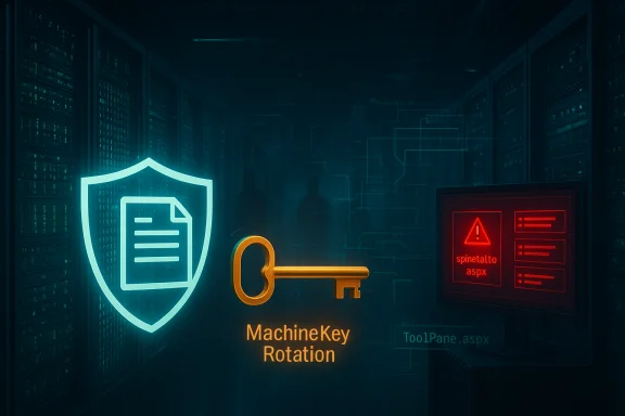Data center scene featuring neon shield and key icons labeled MachineKey Rotation.