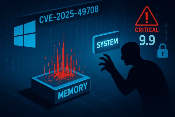 A silhouette hacker targets a memory module as CVE-2025-49708 triggers a critical Windows vulnerability.