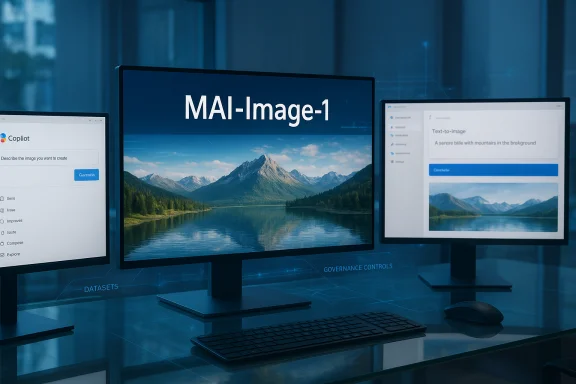 Triple-monitor AI workstation displaying MAI-Image-1 on the center screen with a mountain lake wallpaper.