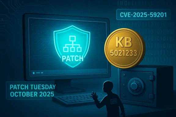 Blue tech scene with a shield patch on a monitor, Patch Tuesday text, and a gold coin.