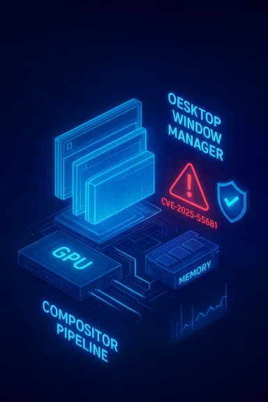 Neon isometric diagram of a desktop window manager with GPU, memory, and a CVE warning.