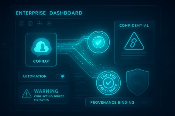 A futuristic enterprise dashboard showing Copilot, an automation toggle, Confidential panel, and provenance binding.