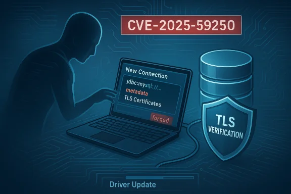 A silhouette hacker forges TLS certificates on a laptop, highlighting CVE-2025-59250.