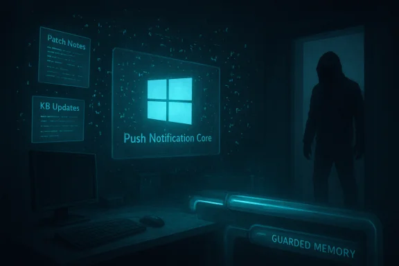 A blue-lit control room displays Windows Push Notification Core as a hooded figure looms by guarded memory.