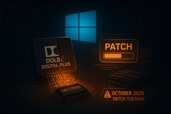 Dim server room glow around Dolby Digital Plus chip and Patch Tuesday update.