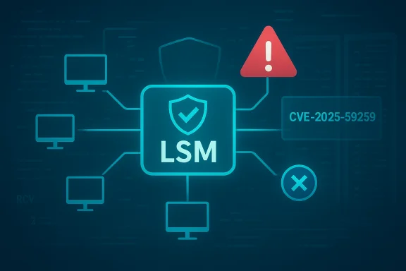 LSM cybersecurity diagram with connected monitors and a CVE-2025-59259 warning.
