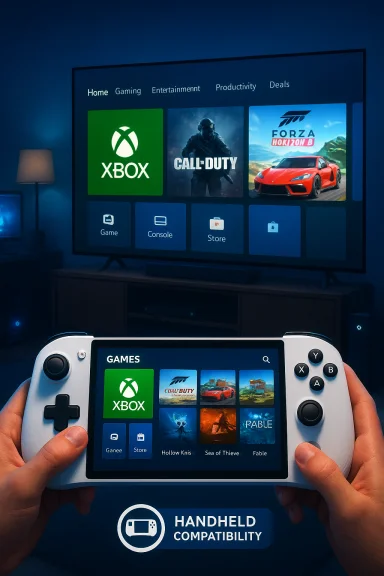 A handheld gaming device shows an Xbox-style game library, mirrored on a large TV. A handheld gaming device shows an Xbox-style game library, mirrored on a large TV.
