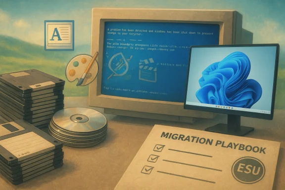 Retro computer desk with a CRT monitor, floppy disks, CDs, and a Migration Playbook.