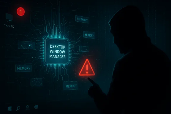 A silhouette studies a glowing 'Desktop Window Manager' interface with a red warning triangle.