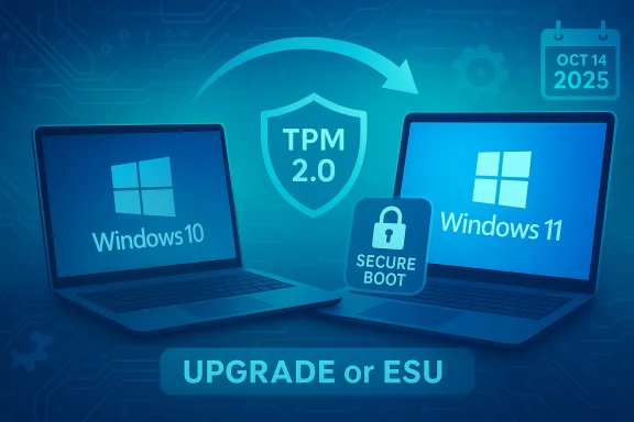Windows 10 and Windows 11 laptops with TPM 2.0 and Secure Boot, urging upgrade.