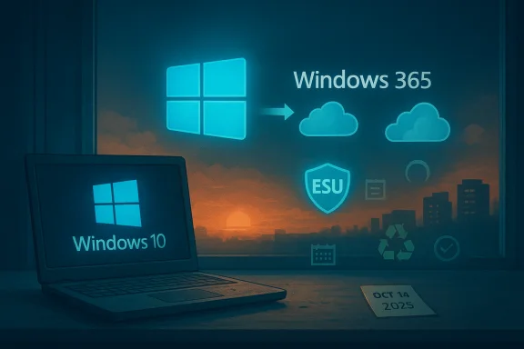Windows 10 laptop beside a Windows 365 cloud promo art.