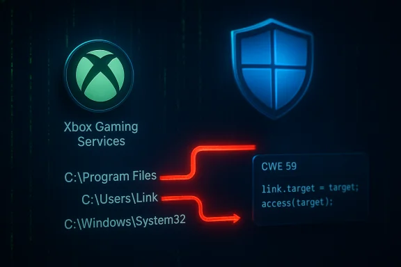 Xbox Gaming Services logo and blue shield icon, with Windows file paths and a red code link.