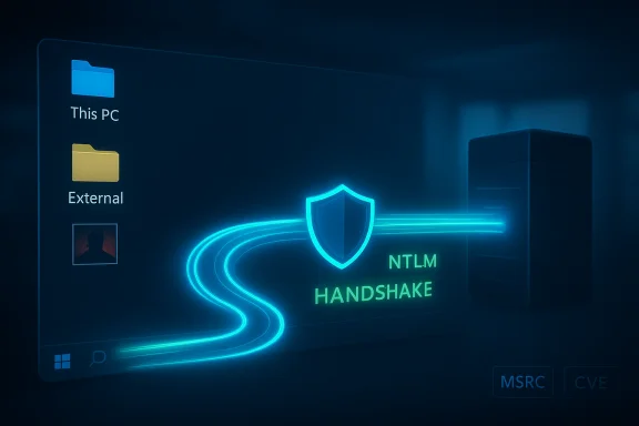 Neon NTLM handshake illustration with a shield and glowing data flow between PC and server.