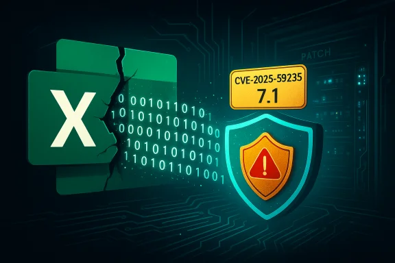 Cybersecurity: patch for CVE-2025-59235 (7.1) with a warning shield.