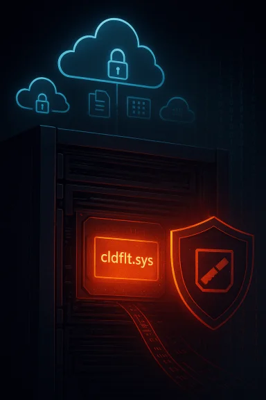 Neon server rack displays cldflt.sys with a shield amid blue cloud icons.