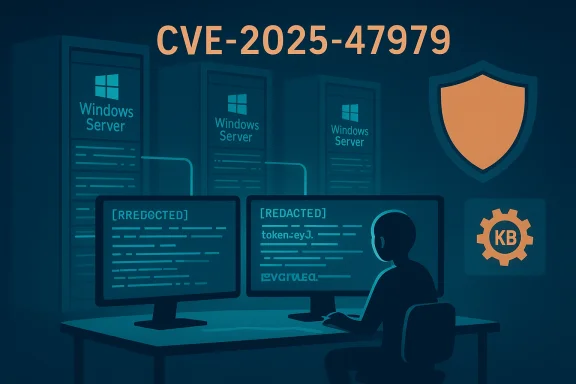 Security analyst at a desk with dual monitors showing redacted code near Windows Server racks and CVE-2025-47979.