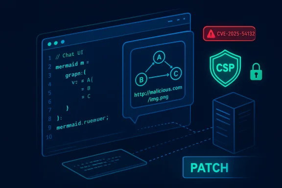 Neon blue illustration of patching a software vulnerability (CVE-2025-54132) on a network.