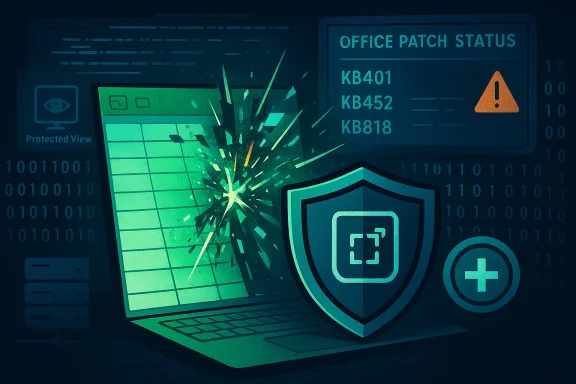 Cybersecurity alert: cracked laptop screen with shield, patch status warning.