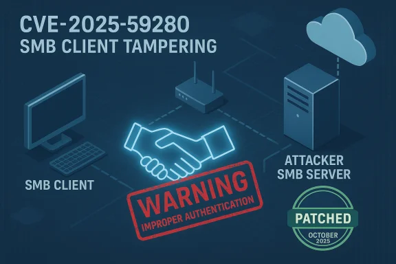 CVE-2025-59280 SMB client tampering diagram with improper authentication warning.