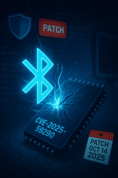 Glowing blue Bluetooth chip crackles with a PATCH label fixing CVE-2025-59290.