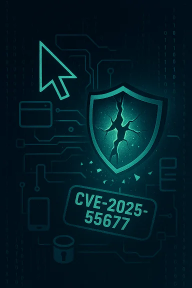 Cybersecurity illustration featuring a cracked shield, circuitry, and CVE-2025-55677 label.