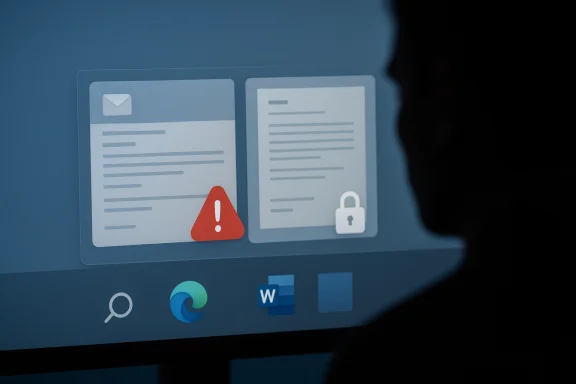A computer screen shows two document windows—one with a warning triangle, the other with a lock. A computer screen shows two document windows—one with a warning triangle, the other with a lock.