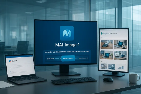 Three-monitor workstation showing MAI-Image-1 on the main screen in a glass-walled office.