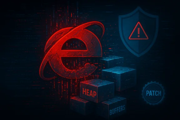 A glowing red e-logo looms over heap and buffers blocks, with a PATCH badge and warning shield.
