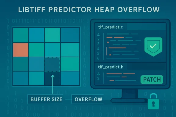 Diagram of a LibTIFF predictor heap overflow vulnerability.