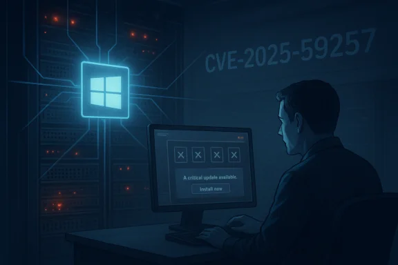 A person sits at a computer in a server room, monitoring a Windows CVE-2025-59257 alert.