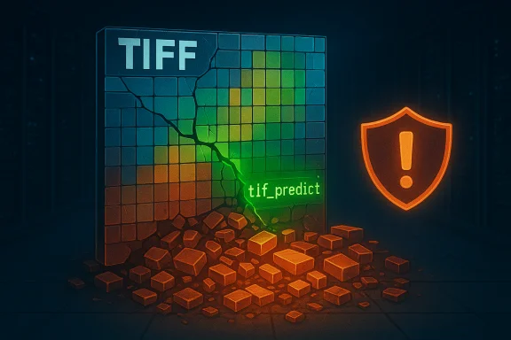A cracked TIFF data cube with a rainbow mosaic and glowing 'tif_predict', beside an orange warning shield.