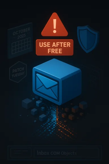 Neon orange warning 'Use After Free' above a blue inbox icon with a security shield.