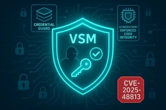 Glowing VSM shield with key and checkmark, amid cybersecurity icons and a CVE badge.