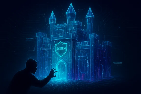 A silhouette reaches toward a glowing blue digital castle with a shield labeled SYSTEM.