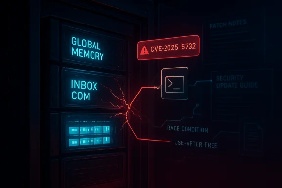 Blue-lit server rack displaying a CVE-2025-5732 alert with patch notes and security cues.