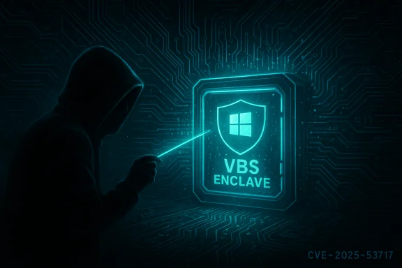 Hooded figure probes a glowing Windows VBS Enclave shield amid circuitry.