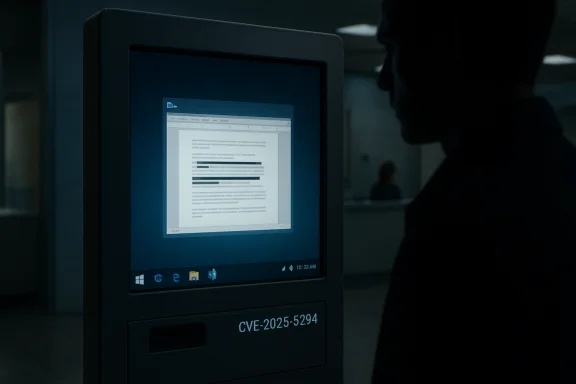A silhouetted person stands beside a computer kiosk displaying a document in a dim room. A silhouetted person stands beside a computer kiosk displaying a document in a dim room.