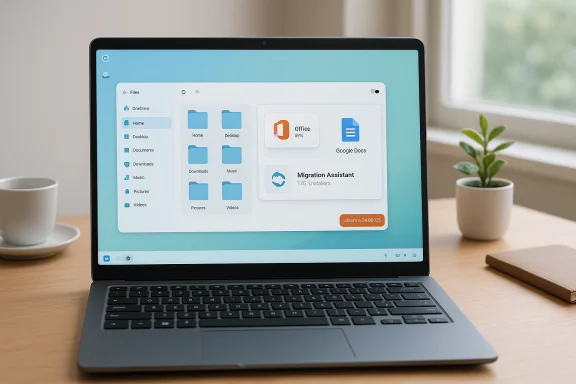 A sleek laptop on a wooden desk displays a modern file manager with blue folders.