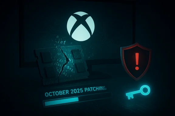 Xbox screen shows October 2025 patching, a cracked RAM module, and a warning shield.