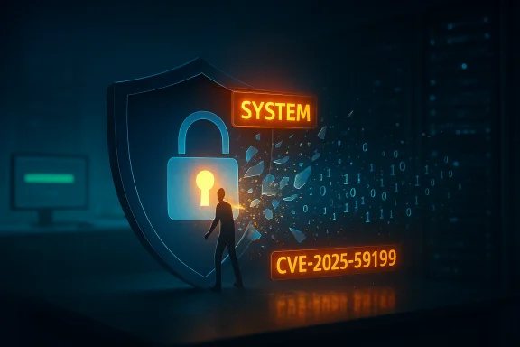 Silhouette beside a glowing shield and lock labeled SYSTEM, with CVE-2025-59199 illuminated.