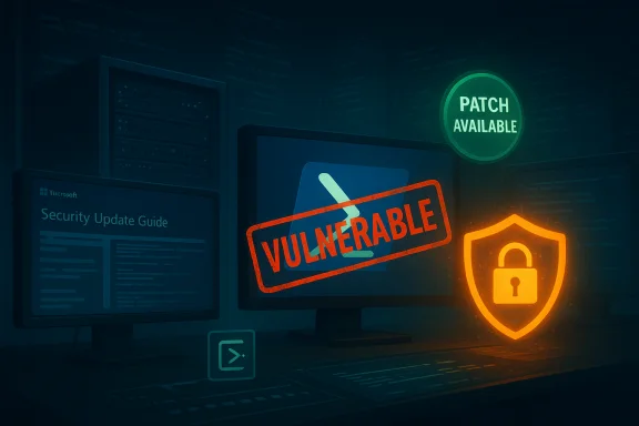 Cybersecurity desk with a 'VULNERABLE' stamp, a patch available badge, and a shielded lock icon.